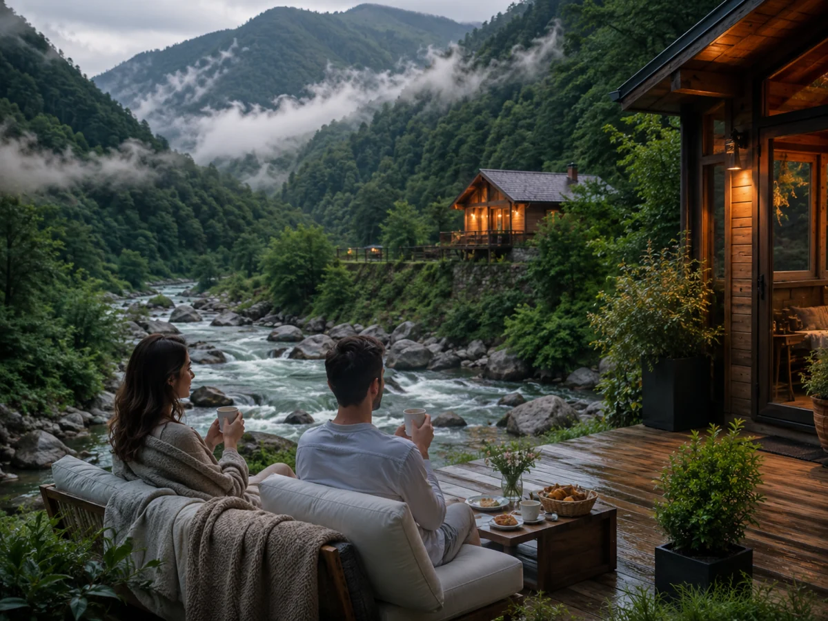 Rize sisli dağlarda huzurlu nehir manzarası