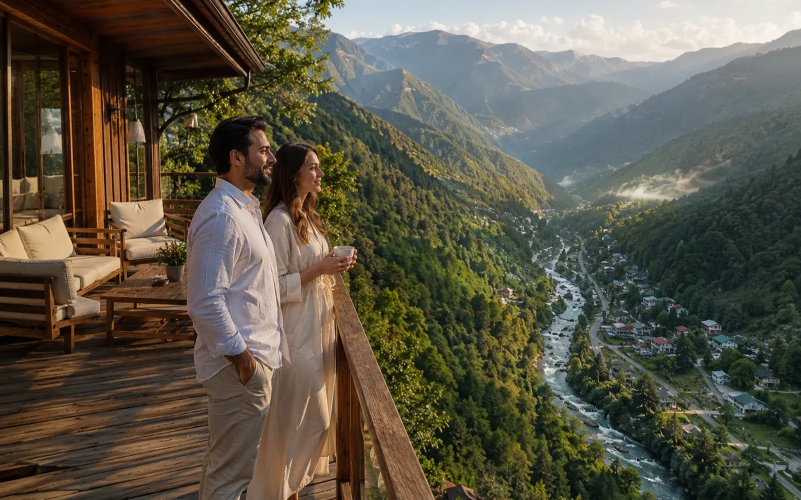 Rize vadi manzaralı bungalov balkonunda çift
